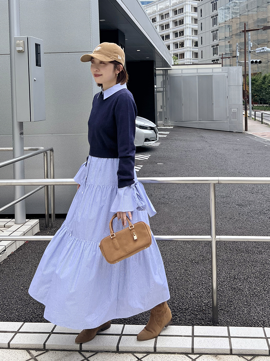 ニットセットブローチ付きロングシャツワンピース(マキシ・ロング