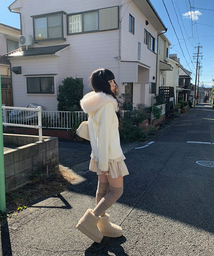 ミンクファーフードニットジップアップ｜ジャンパー｜韓国ファッション