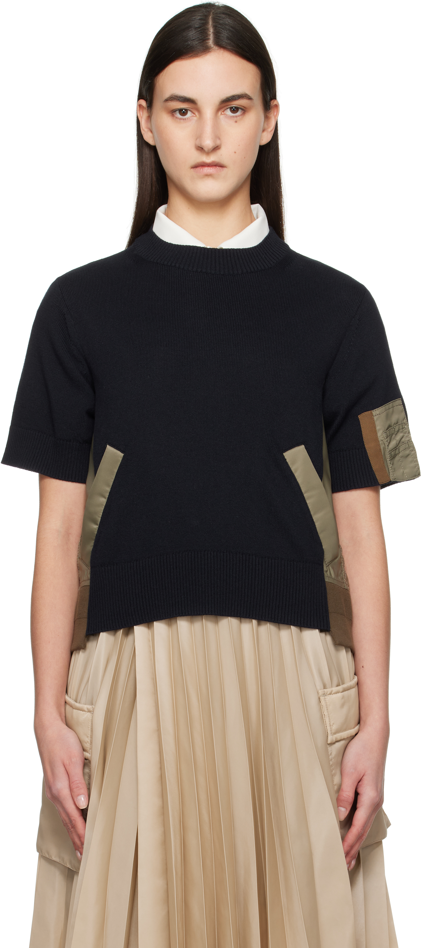 Navy & Khaki Nylon Twill x Knit Sweater by sacai on Sale