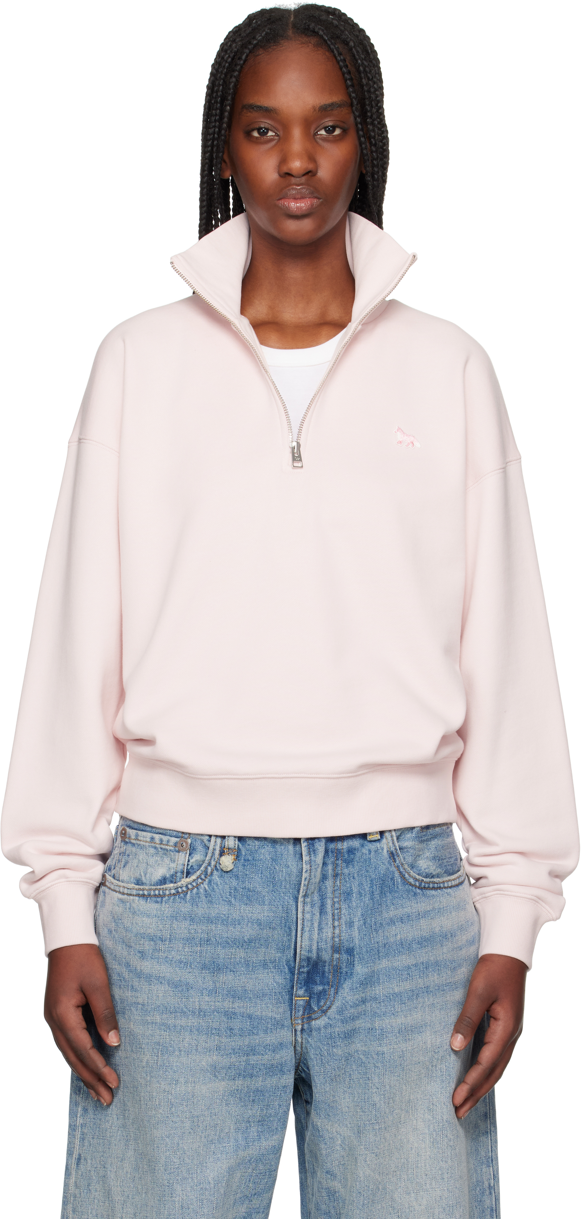 Pink Baby Fox Patch Half Zip Sweatshirt by Maison Kitsuné on Sale
