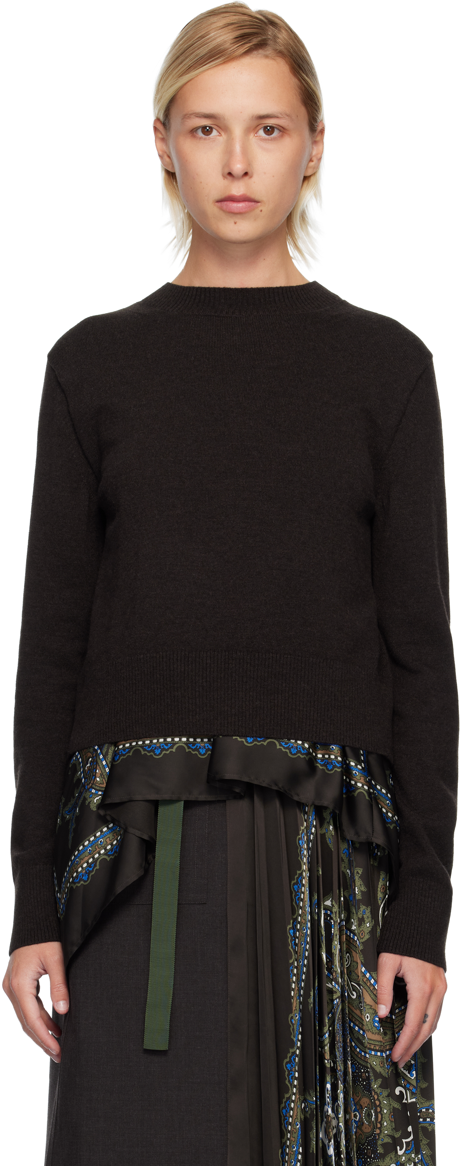 Brown Paisley Print & Wool Knit Sweater by sacai on Sale