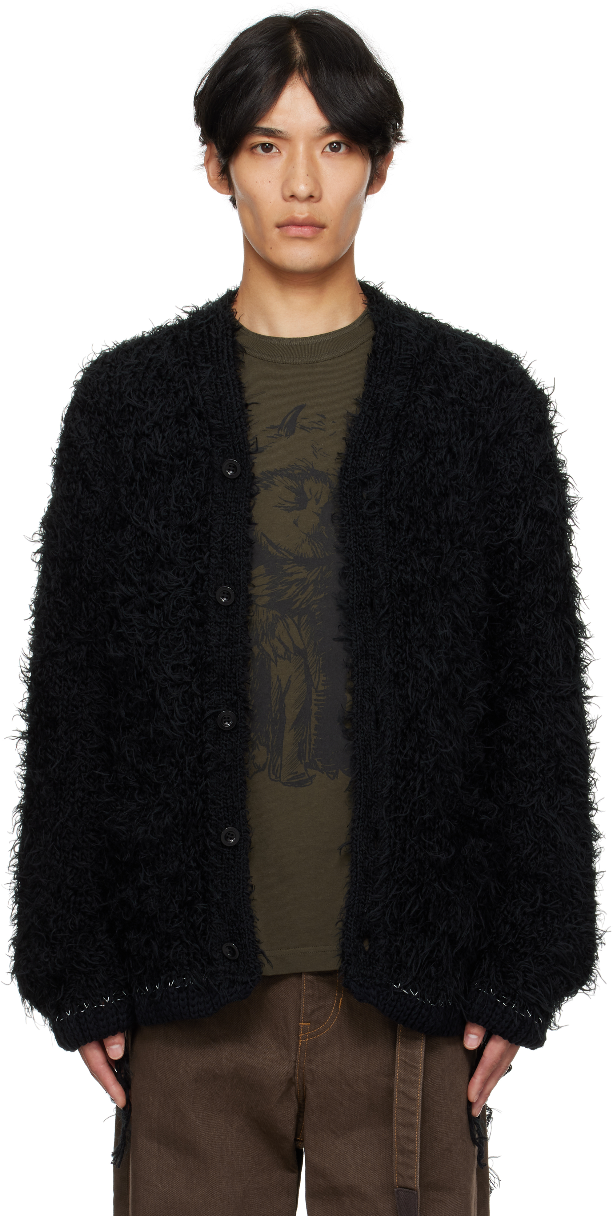 Black Furry Knit Cardigan by sacai on Sale