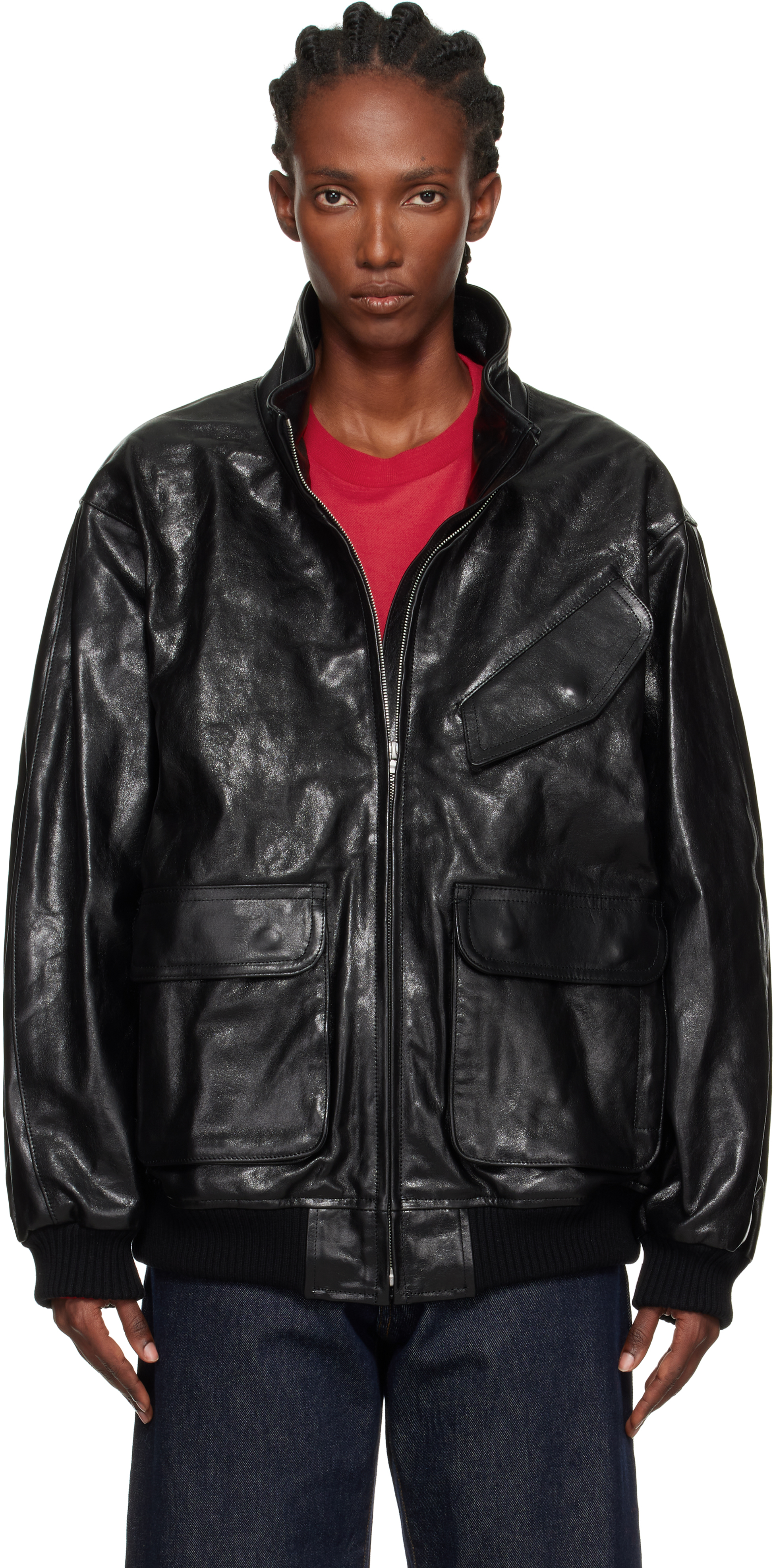 Black Zip Lamb Leather Jacket by AURALEE on Sale