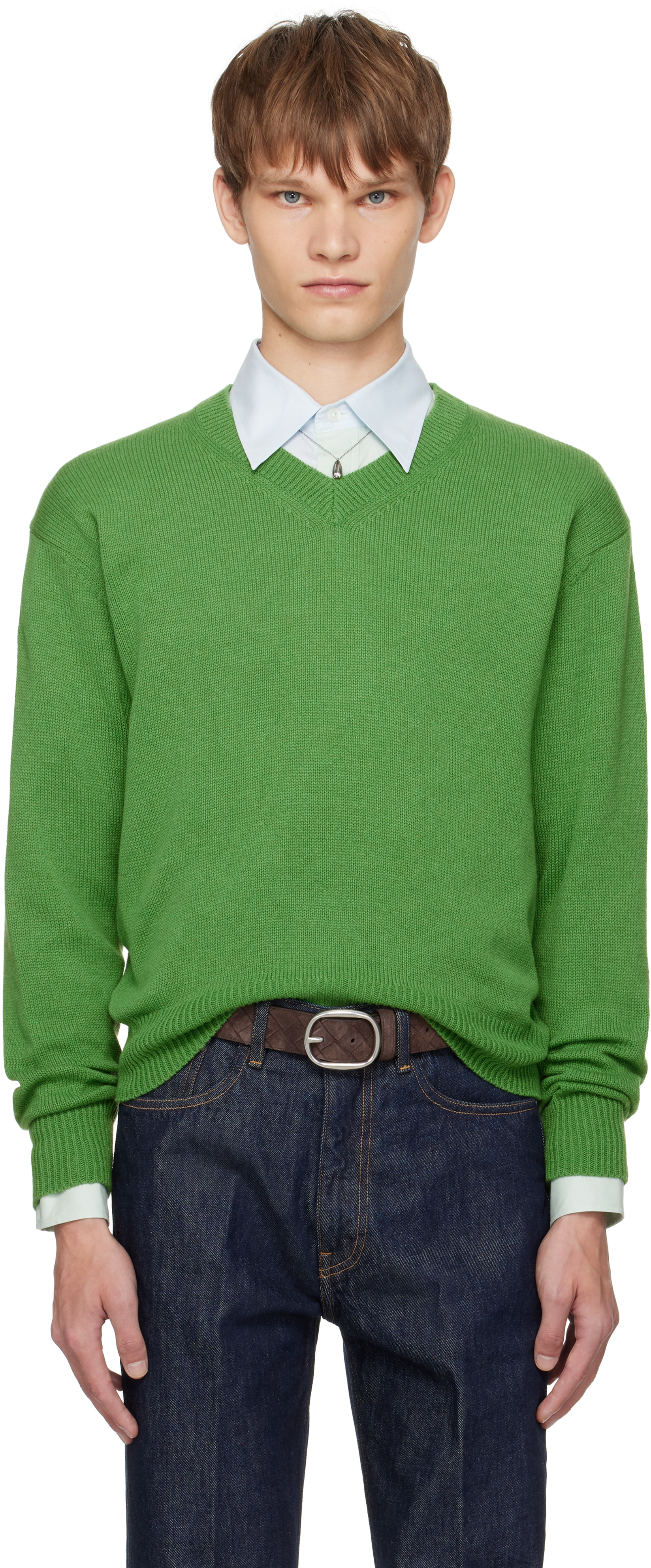 Green Light Cashmere Knit V-Neck Sweater by AURALEE on Sale