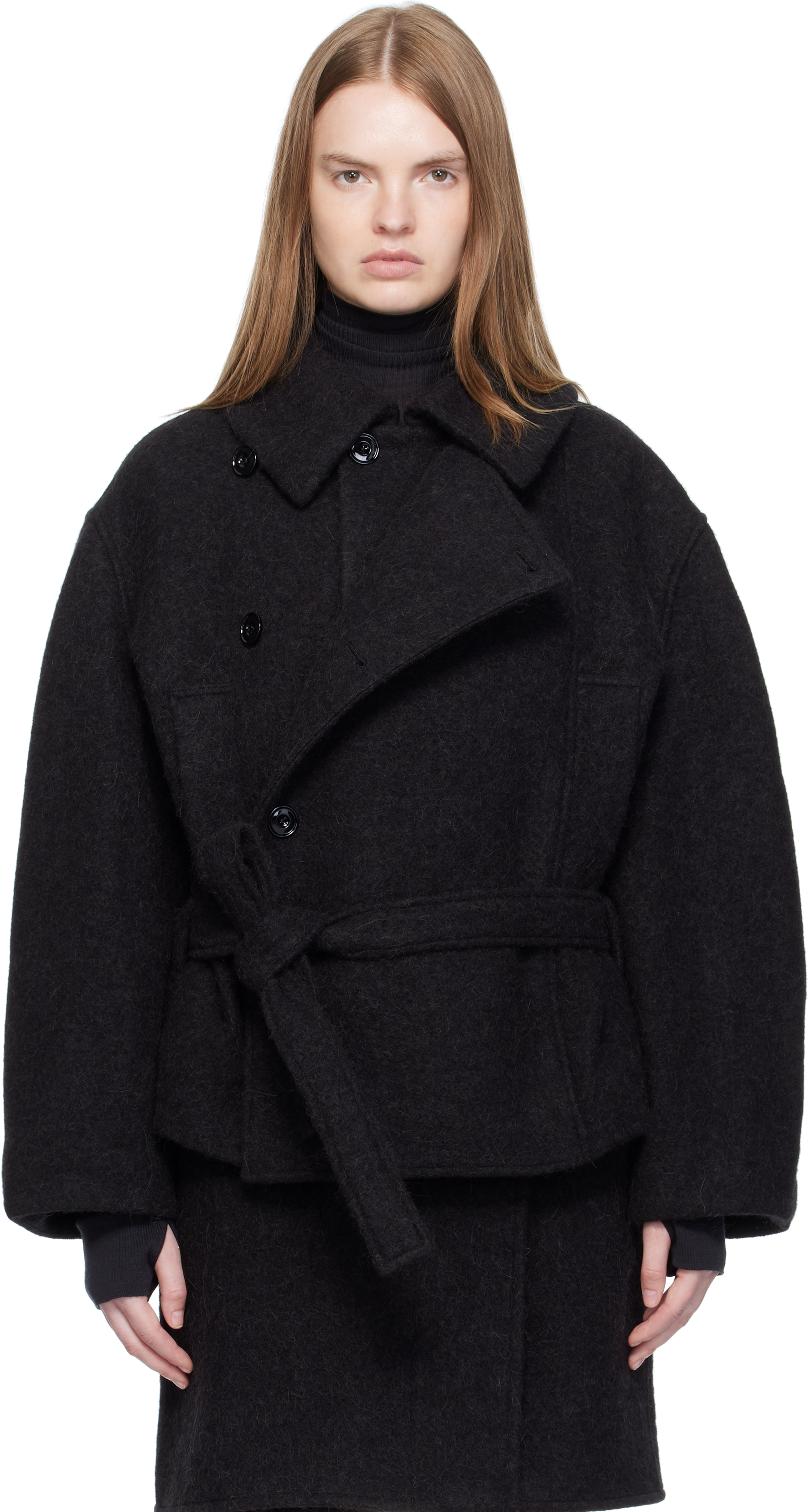 LEMAIRE: Black Short Asymmetrical Bathrobe Coat | SSENSE