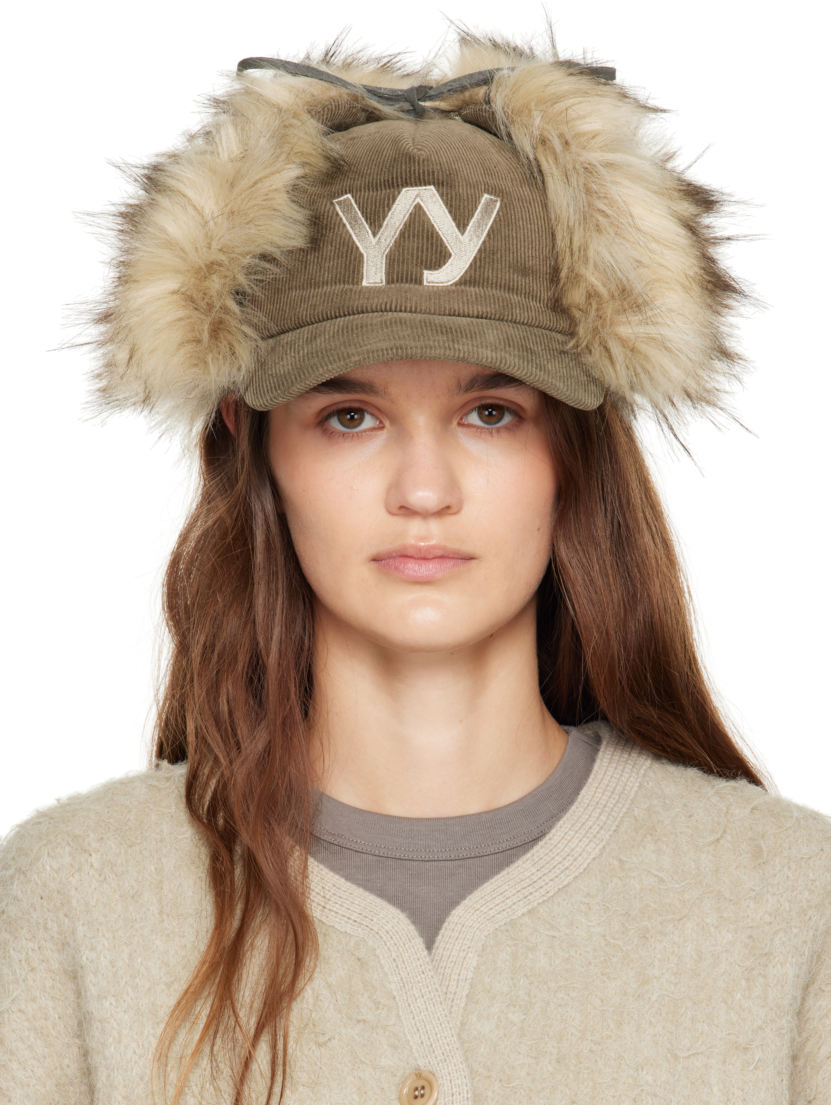 OPEN YY: Khaki & Beige Faux Fur Corduroy Earflap Cap | SSENSE Canada