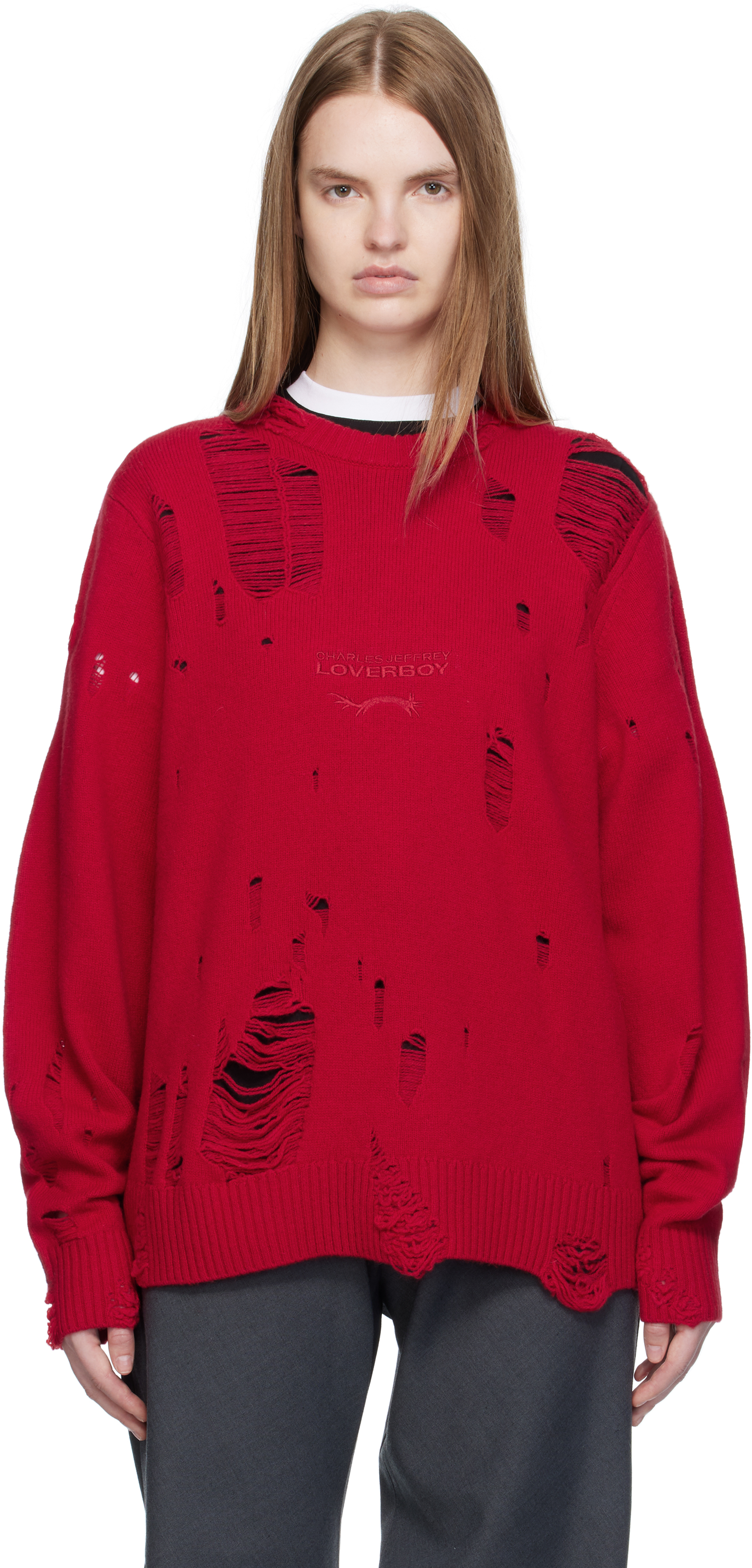 Charles Jeffrey LOVERBOYのレッド ディストレス ロゴ セーターがセール中