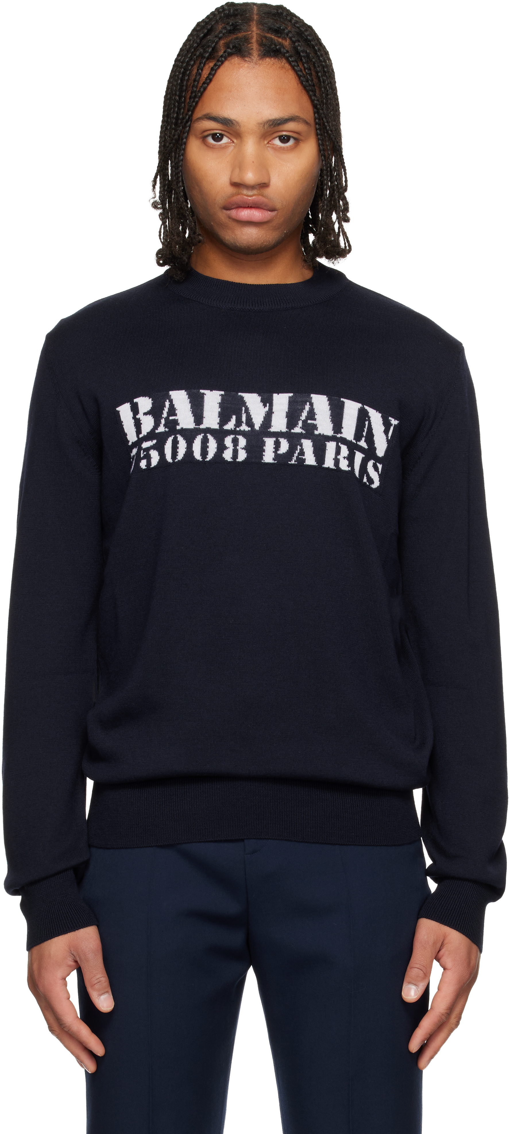 Black 'Balmain' Stamp Merino Wool Sweater by BALMAIN on Sale