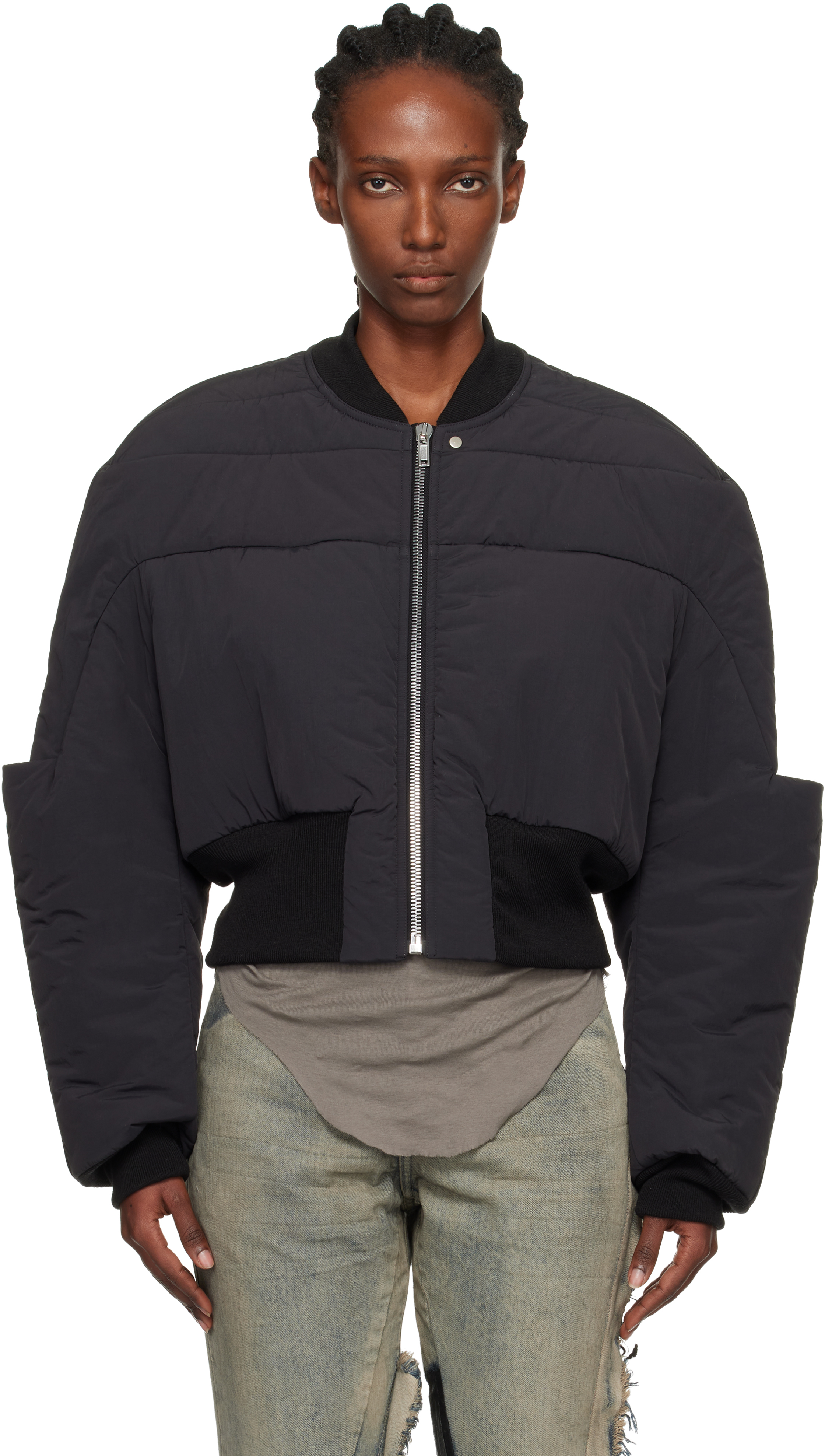 Black Concordians Girdered Cropped Bomber Down Jacket by Rick