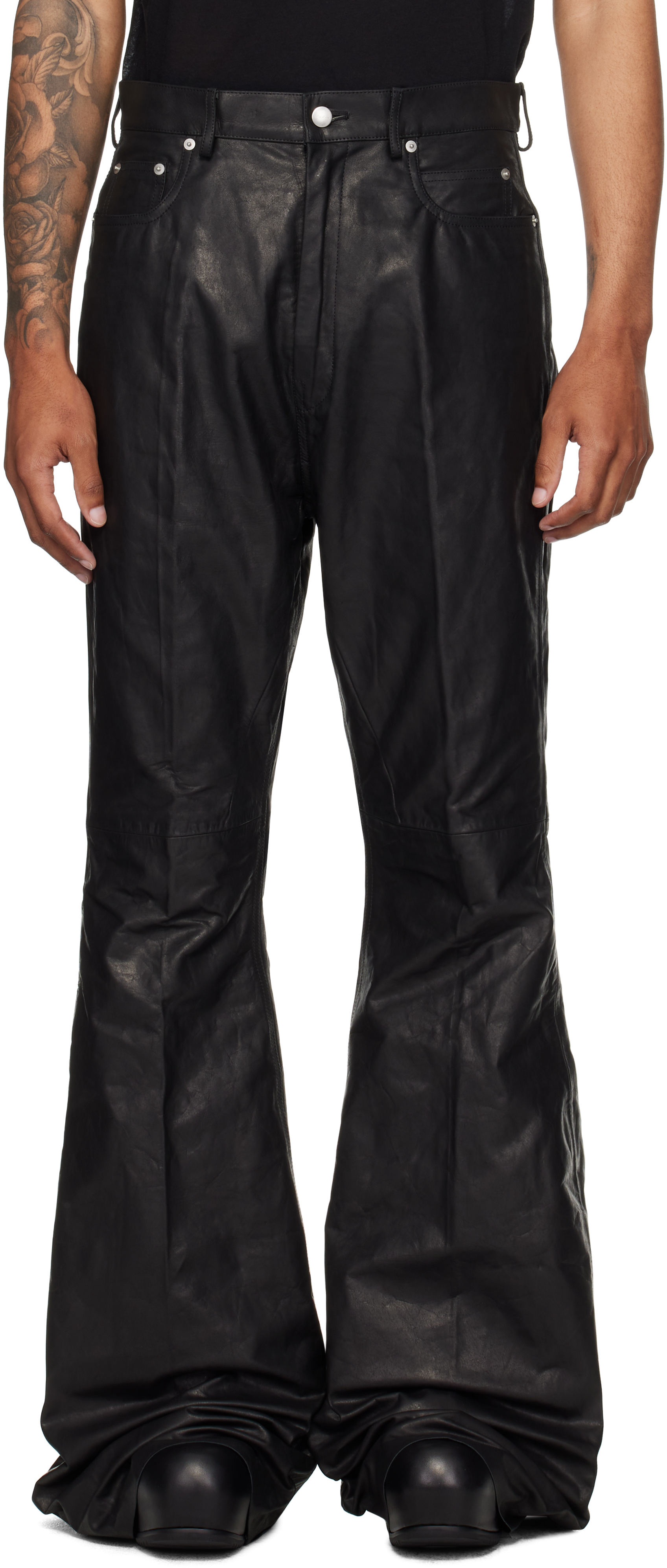 Black Concordians Bolan Bootcut Leather Pants by Rick Owens on Sale