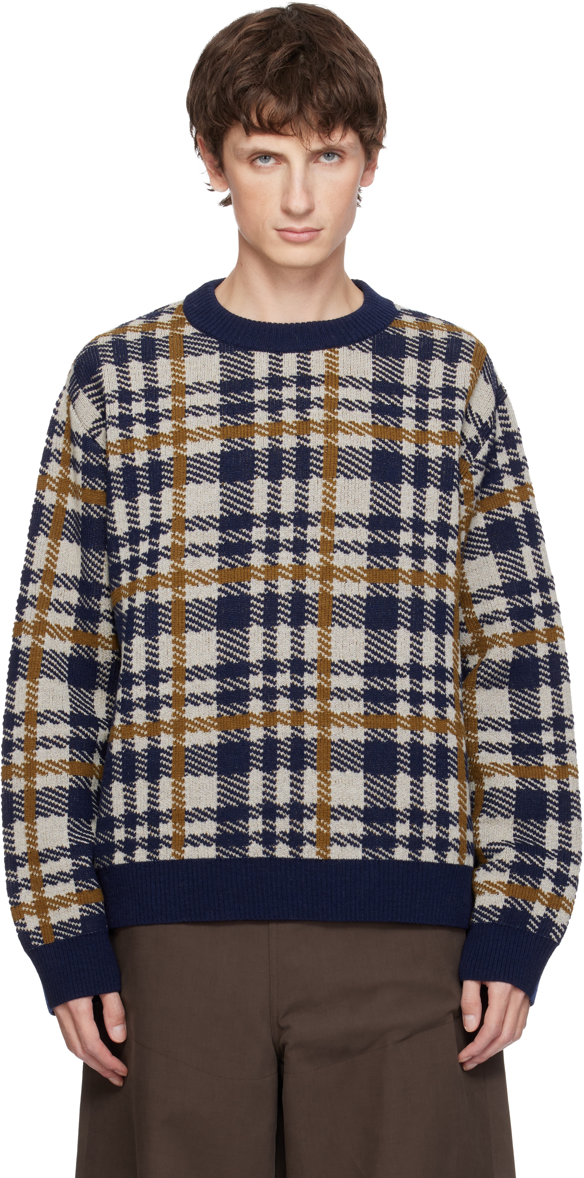 Navy Check Sweater by Dries Van Noten on Sale