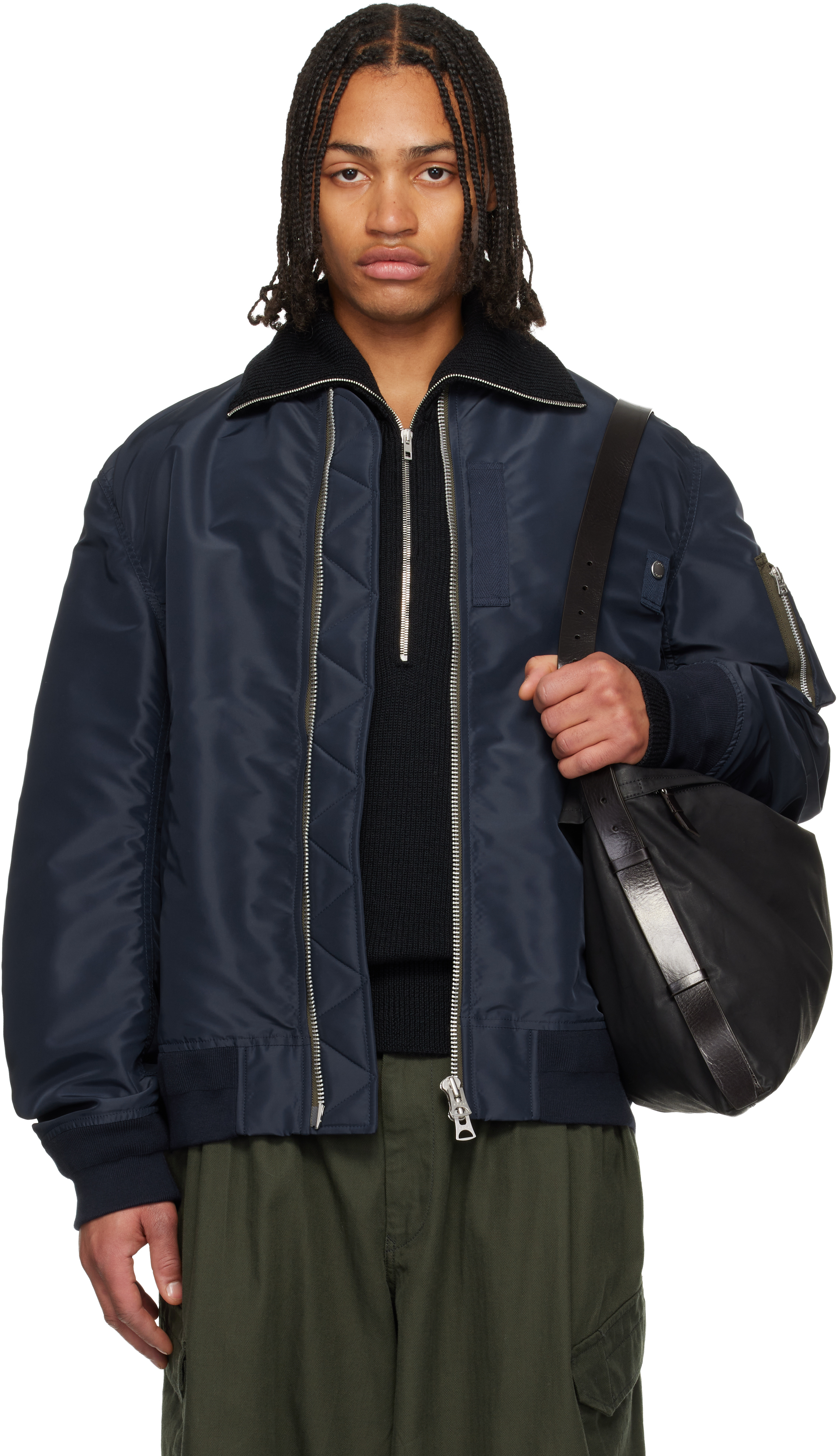 sacai: Navy Nylon Twill Blouson Bomber Jacket | SSENSE