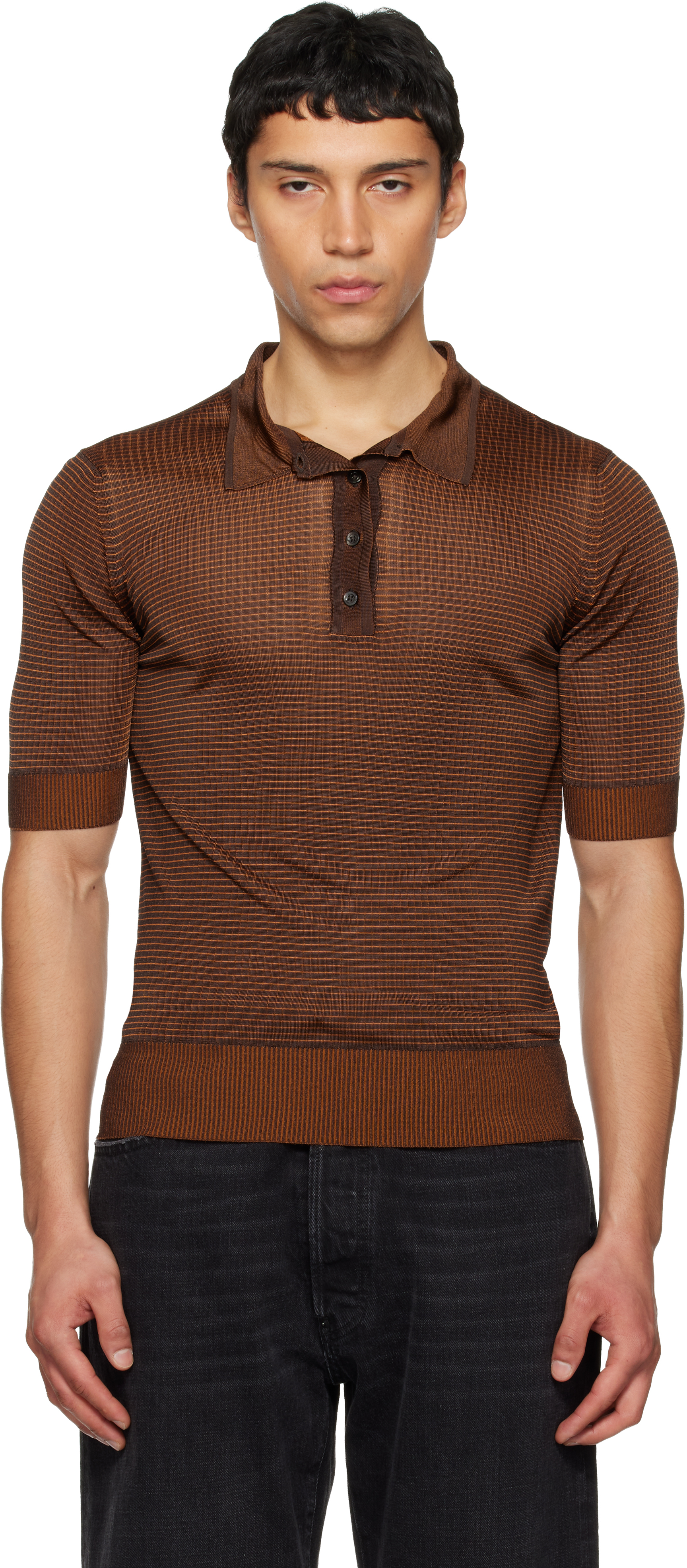 Maison Margiela: オレンジ Dandy チェック ウール ニットポロシャツ