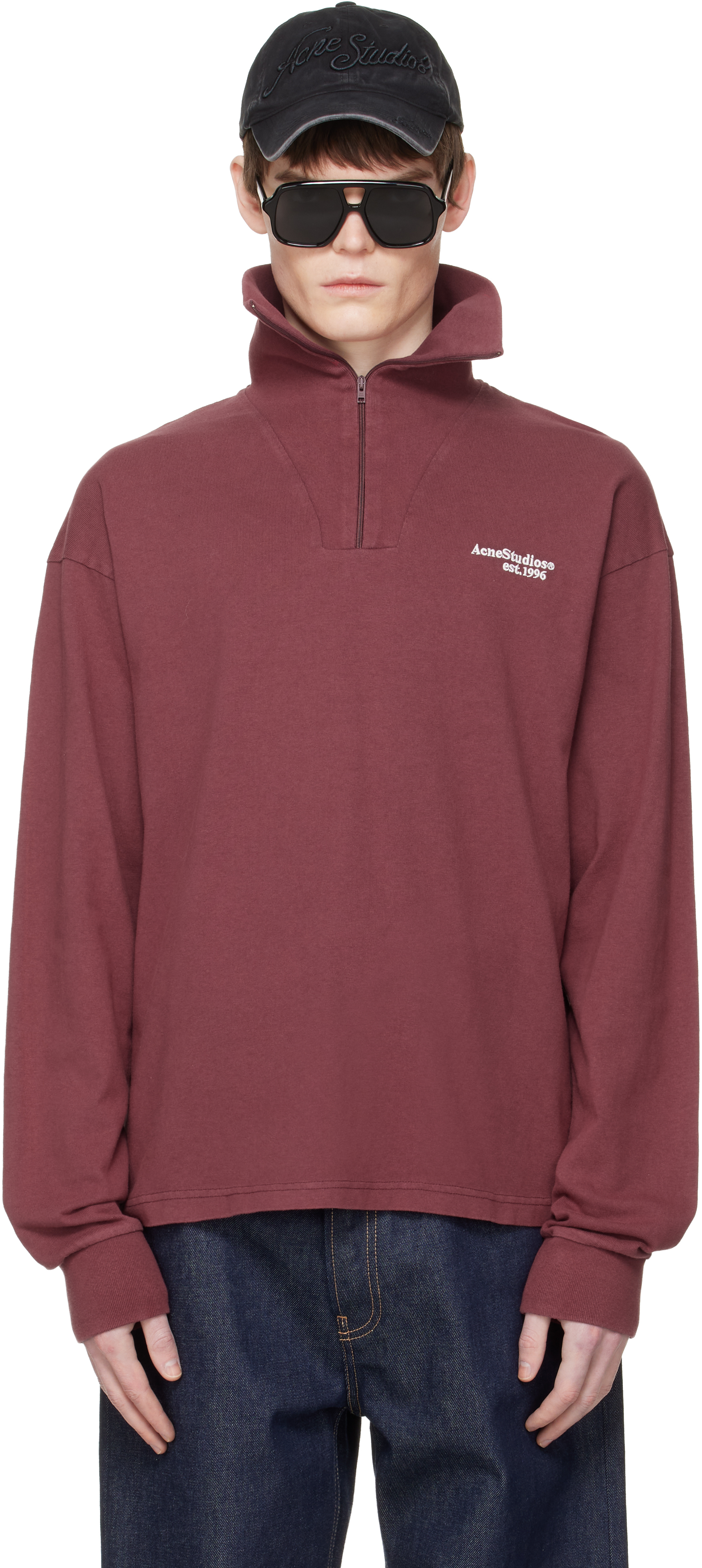 Acne Studios: レッド ジップアップ ロゴ スウェットシャツ | SSENSE 日本
