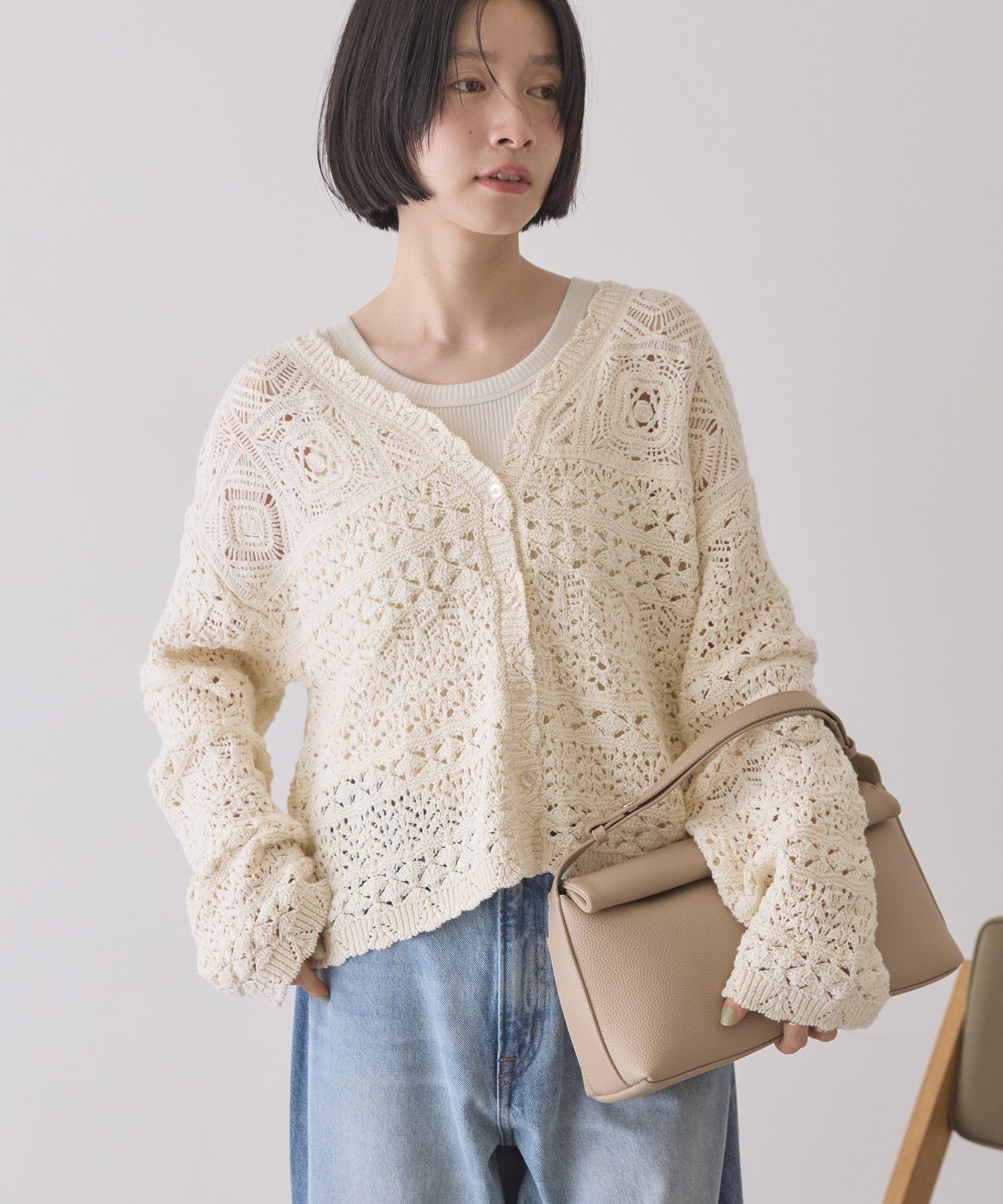 前後2WAY】レース透かし編みニットカーディガン/AMERICAN HOLIC