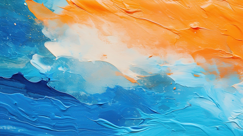 鮮やかなオレンジ色と青とアクリル絵の具のブレンドにより、見事な質感