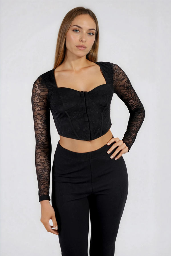 Black Crop Top - Exposed Stitch Crop Crop - Lace Up Crop Top