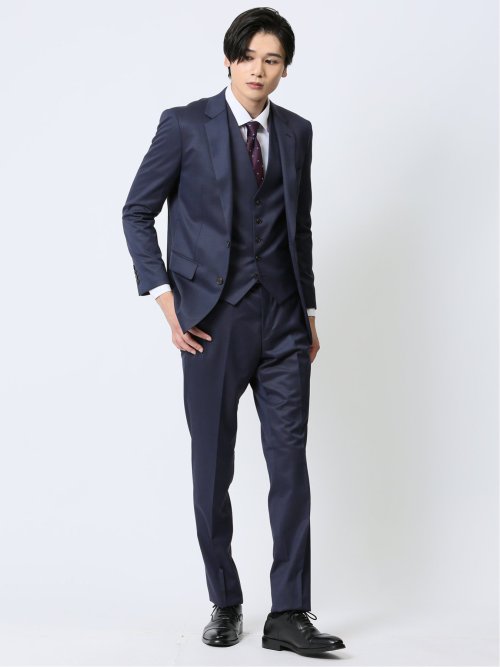 光沢ウール混 スリムフィット 2ボタン3ピーススーツ 組織青(Y4 70青