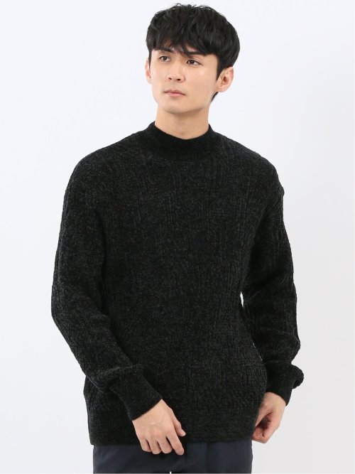 ハンドウォッシャブル モール幾何学柄 モックネックニット(M 05黒