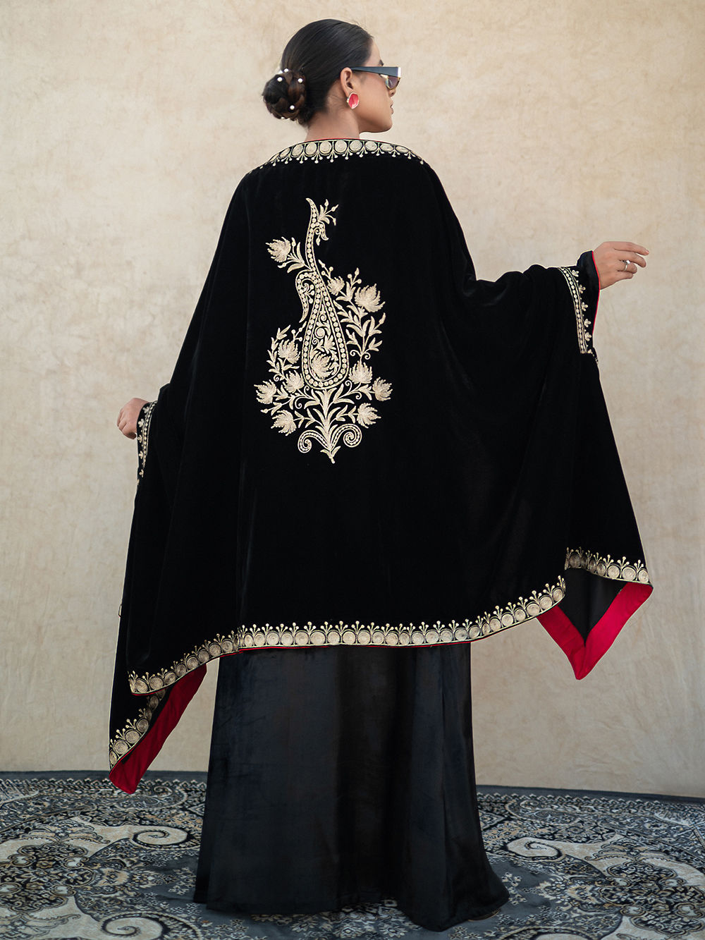 Black Kashmiri Tilla Embroidered Velvet Dress with Cape- Set of 2