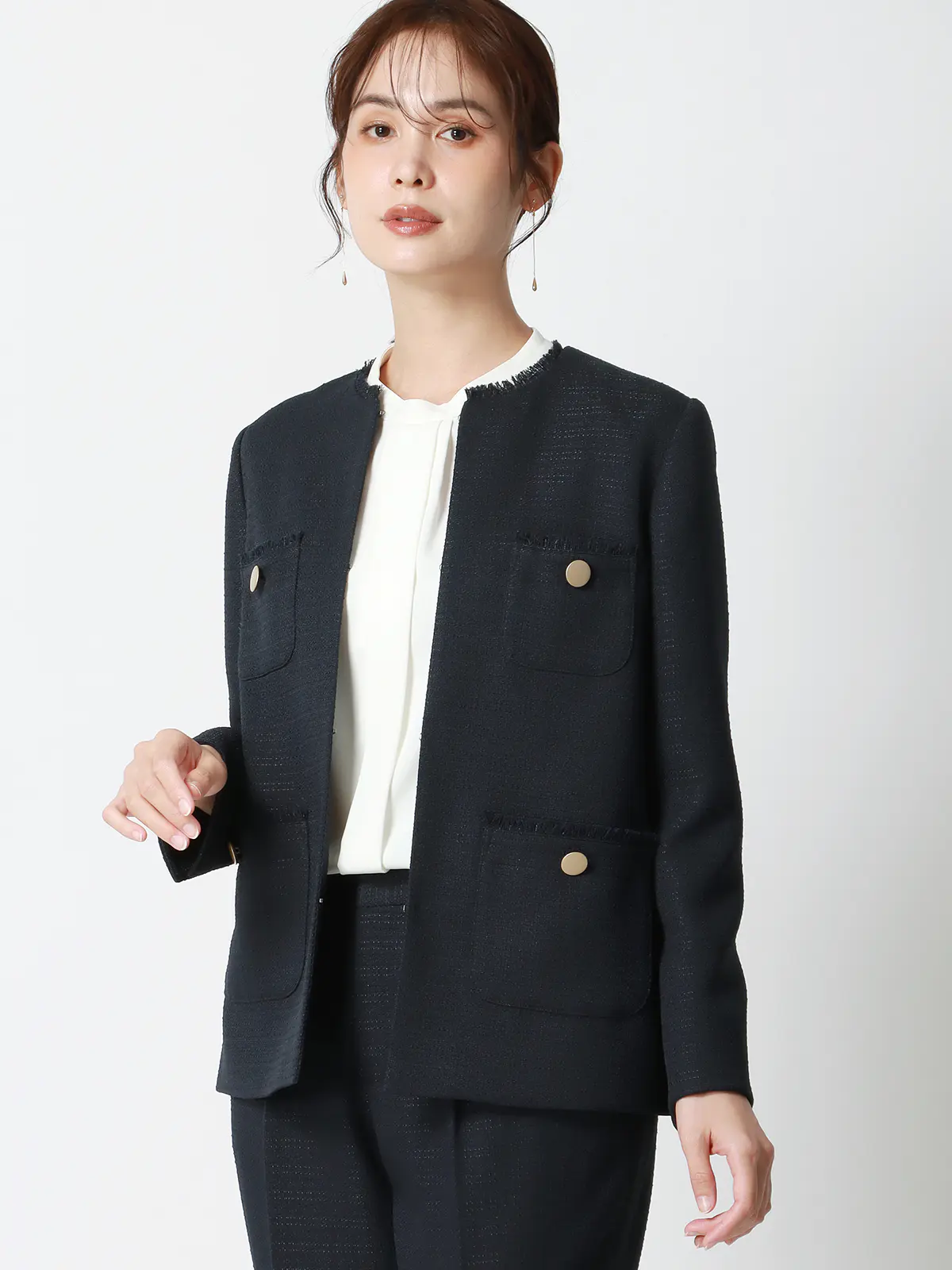 フリンジジャケット／ノーカラー／ハンドウォッシュ／ツイード／織柄