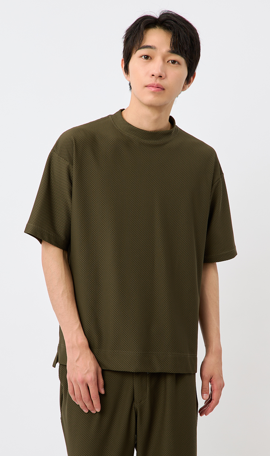 らくリッチハニカムメッシュモックネックTシャツ【セットアップ着用可