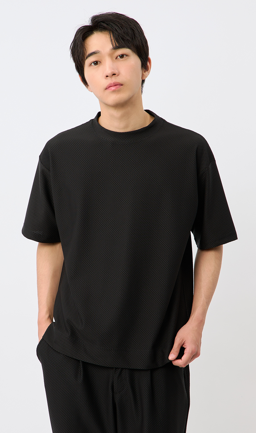 らくリッチハニカムメッシュモックネックTシャツ【セットアップ着用可