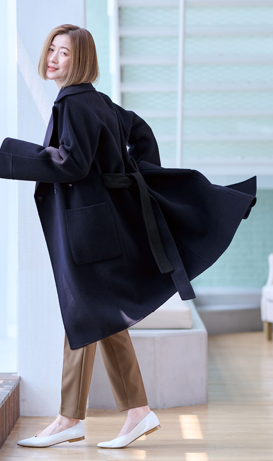 □ベルト付きビックカラーコート《カシミヤ混ウール》《WEB・アオプラ