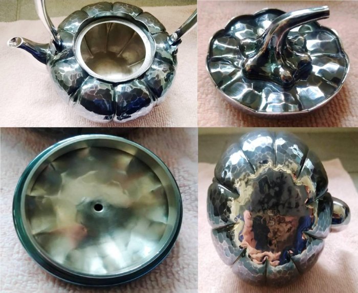 日本國寶級金工名家(松榮堂)純銀茶器豆莢提把南瓜型銀壺.銀杯六件組共