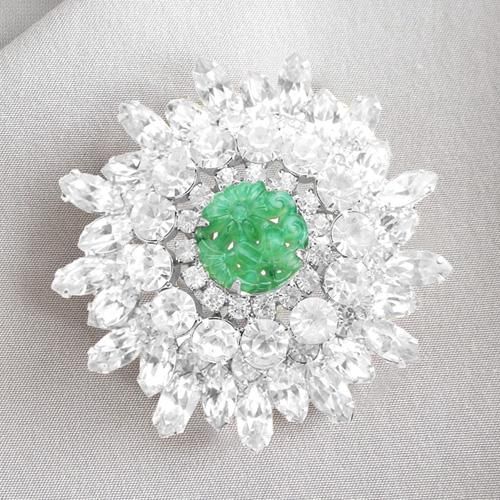 JULIANA ジュリアナ | 翡翠とクリアラインストーンのフラワーブローチ