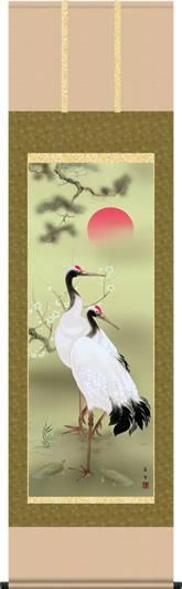 掛け軸-松竹梅鶴亀／小野洋舟（尺五・桐箱・風鎮付き・正絹）お祝い