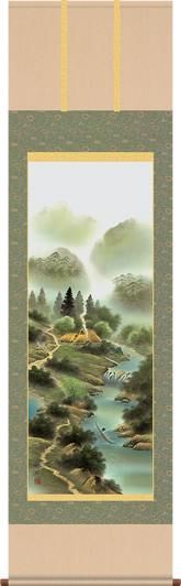 掛け軸-風水四神相応図／田村竹世（尺五・桐箱・風鎮付き）山水画掛軸