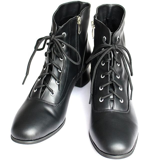 チャンキーヒール型スムースフェイクレザー編み上げショートブーツ