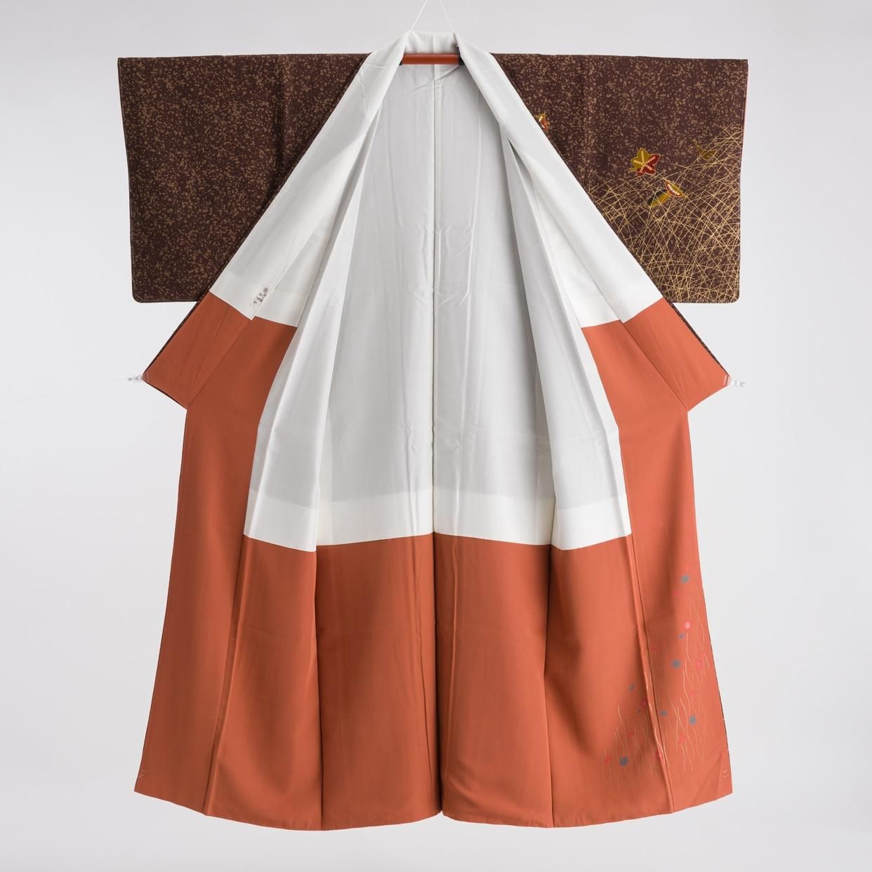 付け下げ訪問着 叩き染めに落ち葉 - からん::アンティーク着物