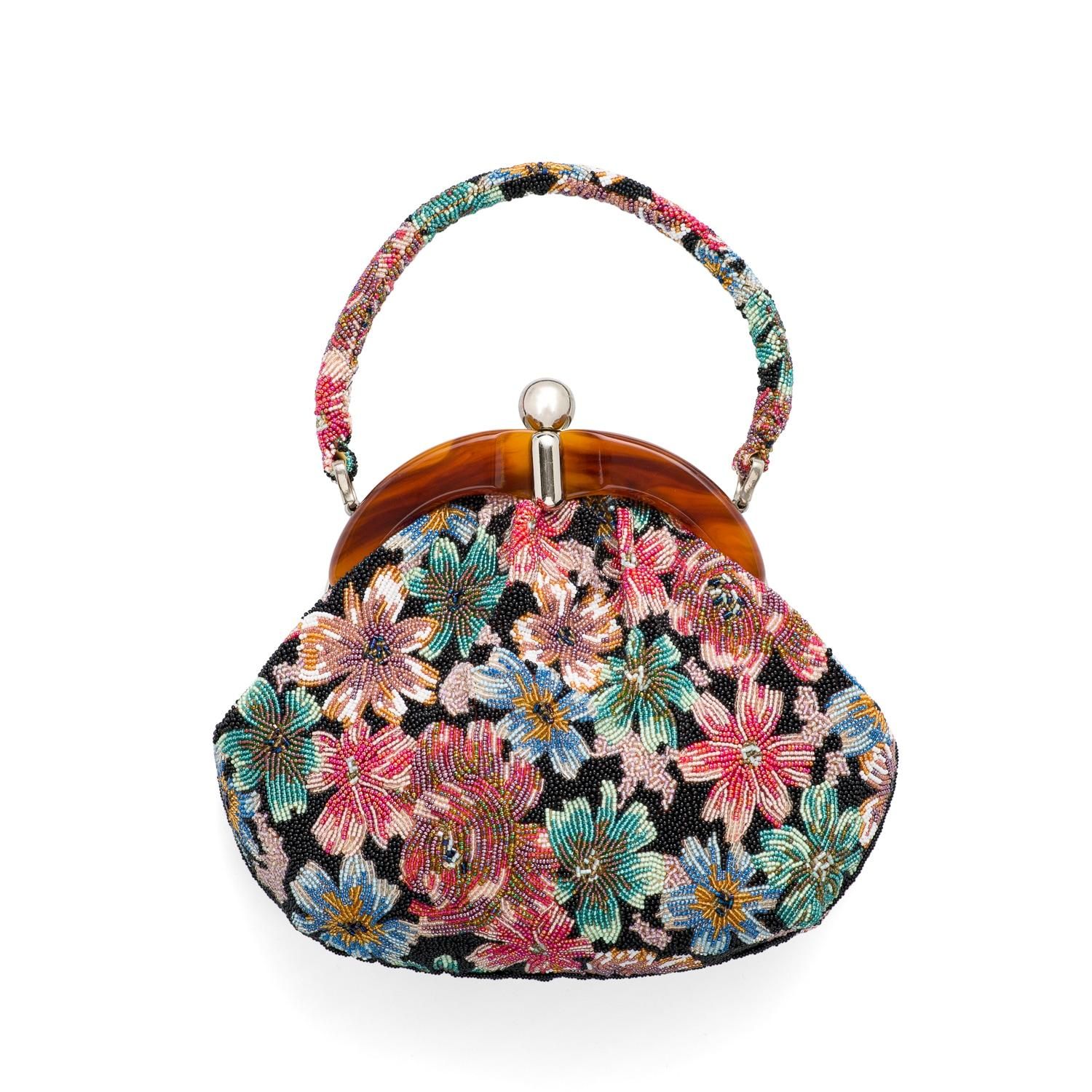 ヴィンテージビーズバッグ 黒地 花尽くし - からん::アンティーク着物