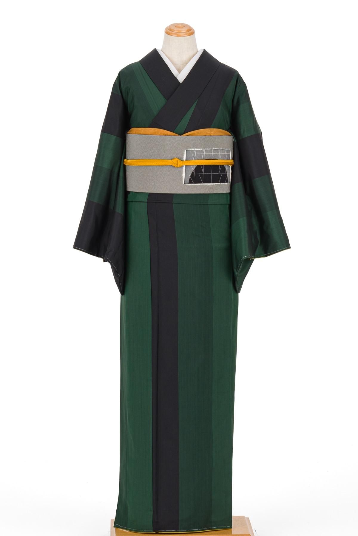 大島紬 緑と黒のストライプ - からん::アンティーク着物・リサイクル