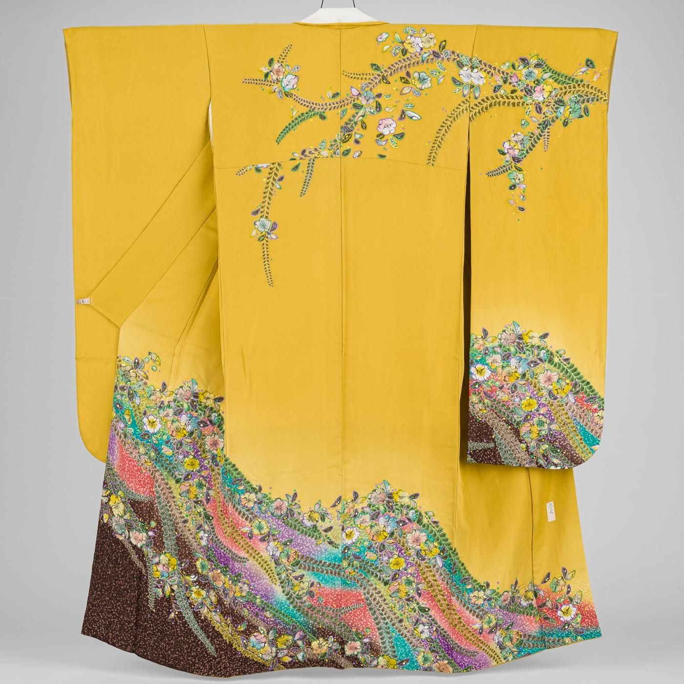 振袖 山吹色 辻が花模様 作家物 裄長 - からん::アンティーク着物