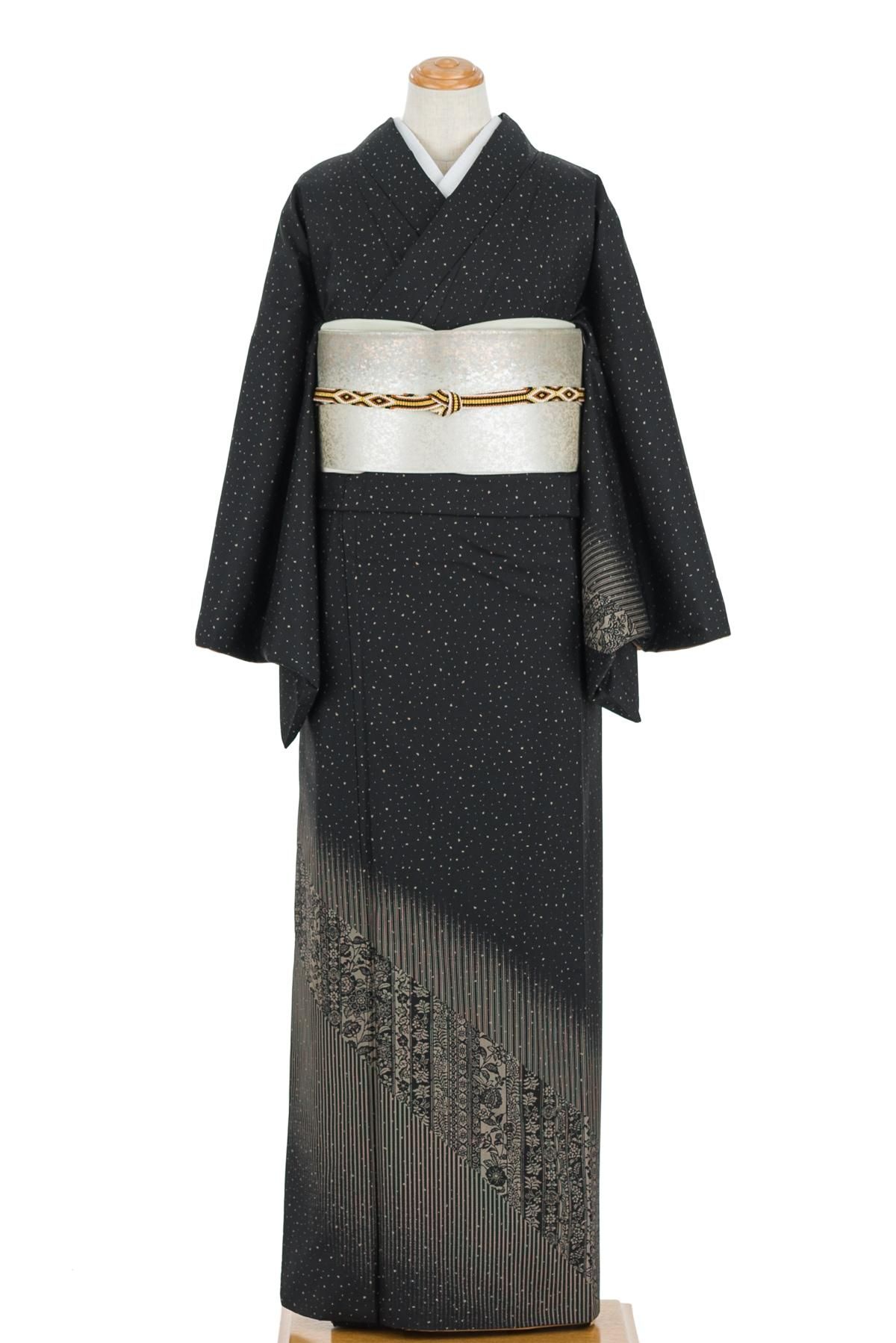 大島紬 訪問着 縞に花更紗模様 裄長 - からん::アンティーク着物