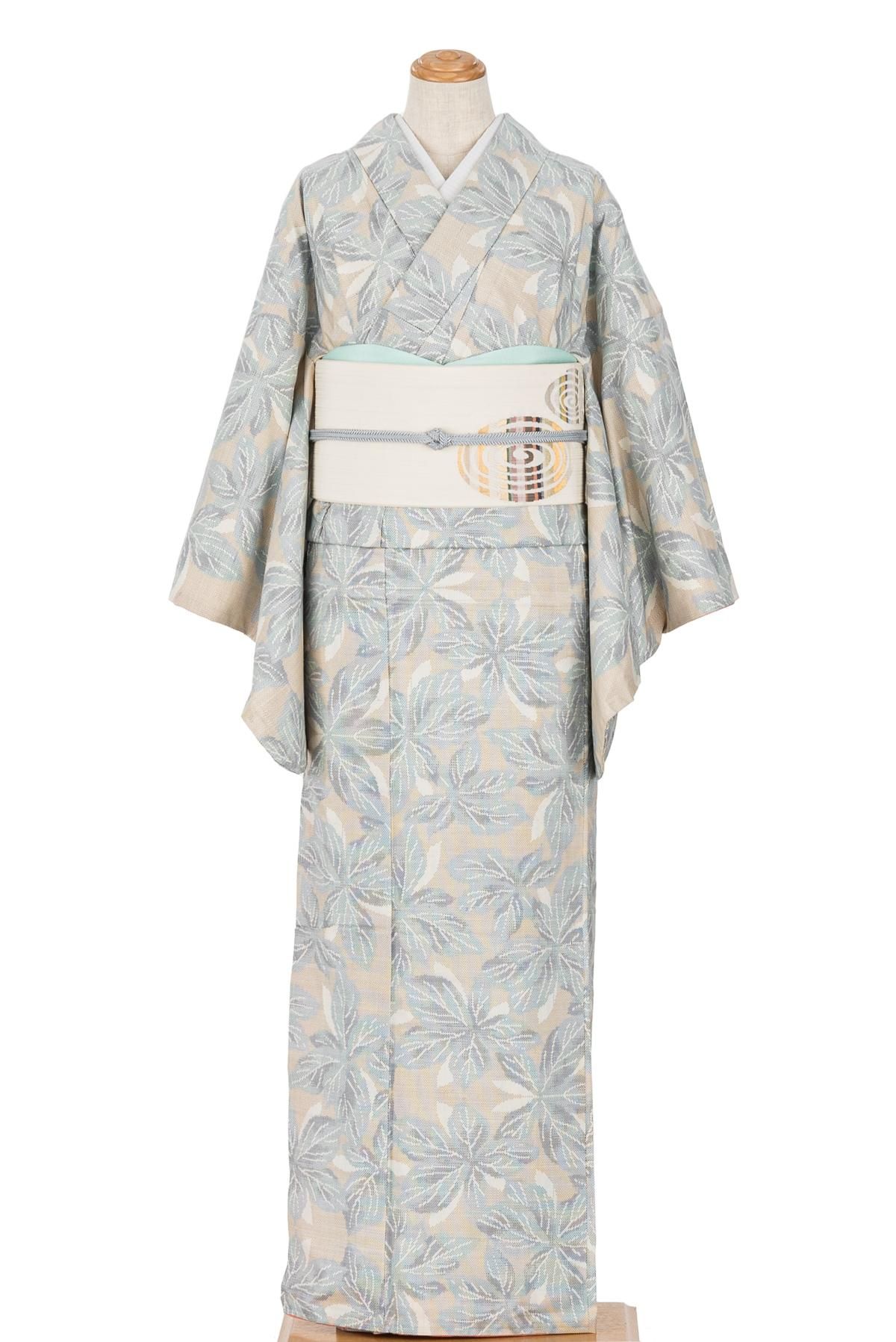 大島紬 白大島 葉模様 - からん::アンティーク着物・リサイクル着物の