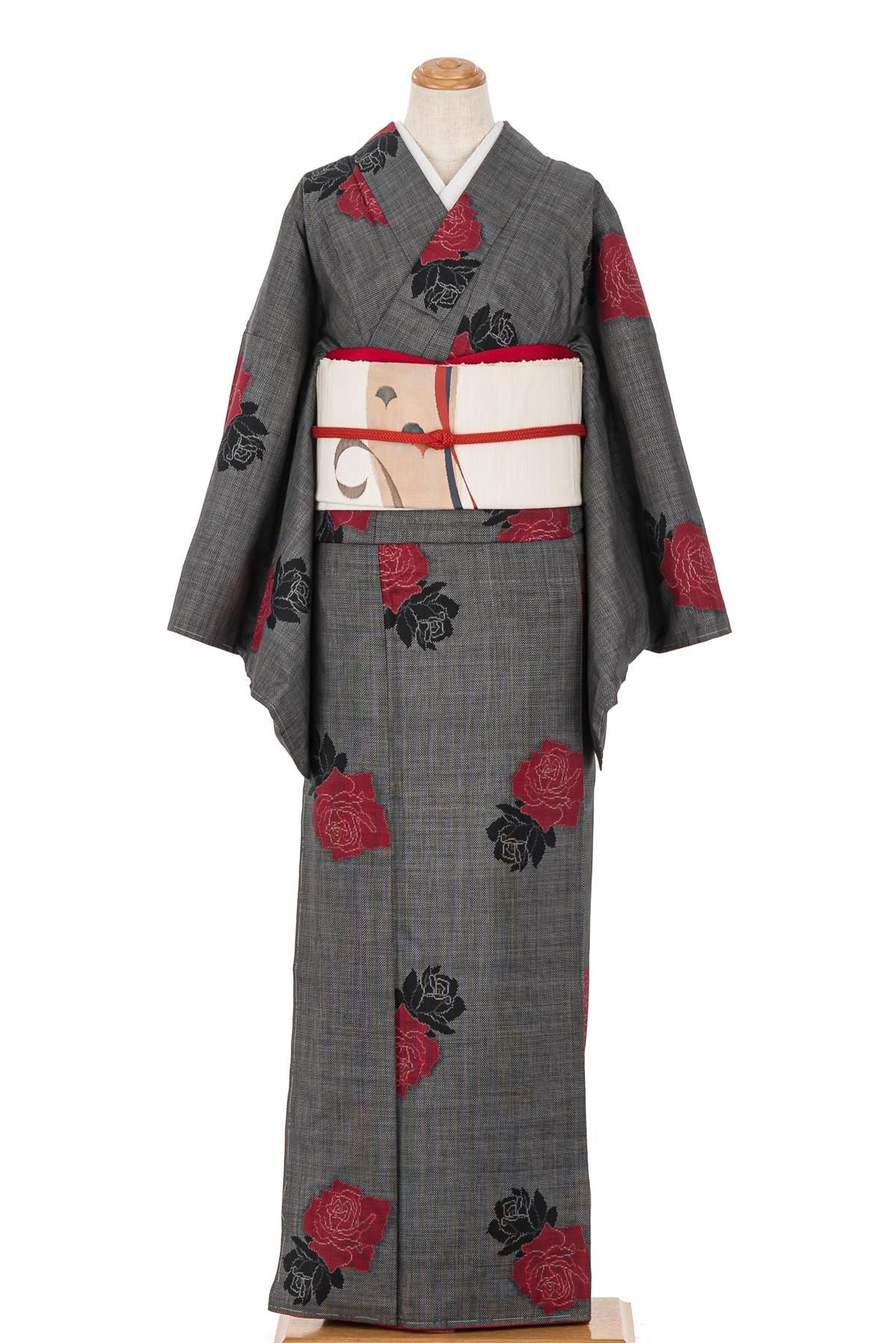 大島紬 赤と白の薔薇 - からん::アンティーク着物・リサイクル着物の