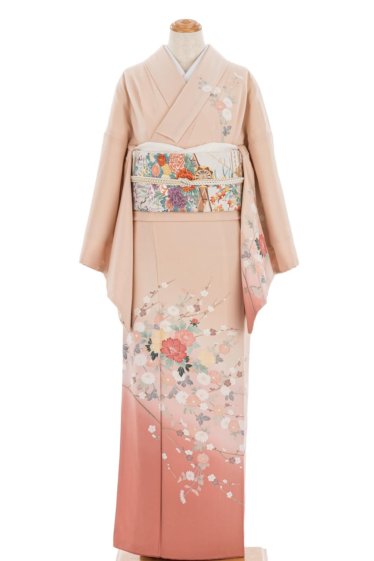 訪問着 手描き友禅 牡丹や梅など 作家物 - からん::アンティーク着物