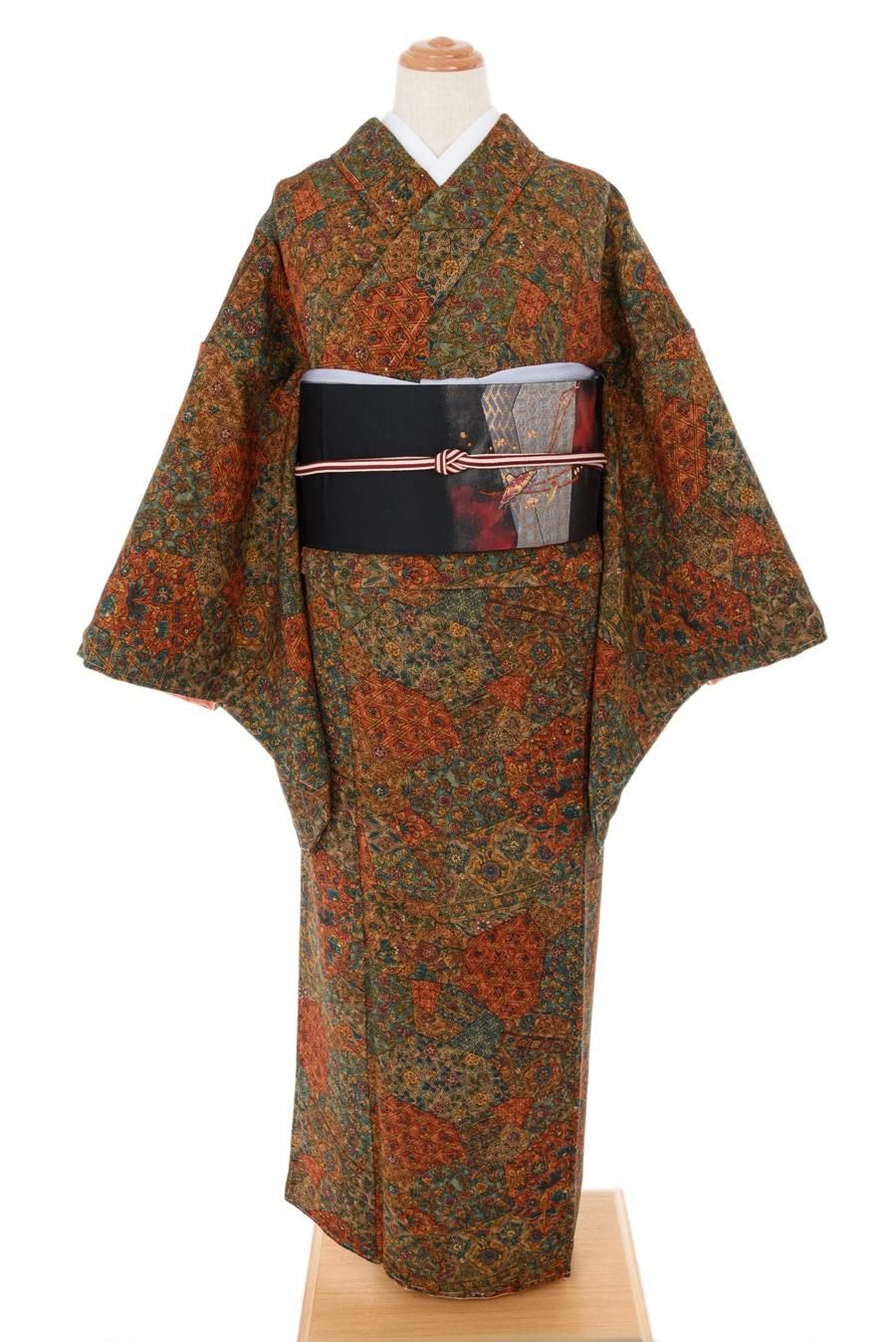 縮緬 切り嵌め風更紗文様 - からん::アンティーク着物・リサイクル着物