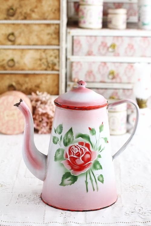 フランスアンティークホーロー薄ピンクツバメと小花柄バンドペイント