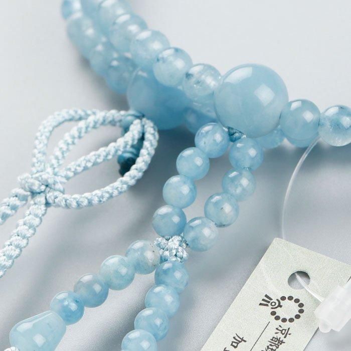 浄土真宗 数珠 女性用 8寸 アクアマリン 銀花かがり房 2000400301200