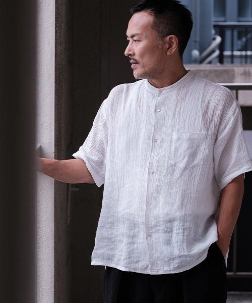 麻100% ちぢみ ユニセックス スタンド カラー シャツ | ホワイト