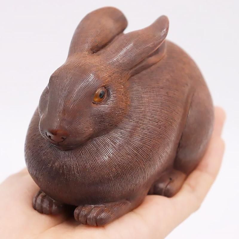 木製 ふくらうさぎ 細密 彫刻 木彫り 毛掘り 兎 卯 かわいい 動物