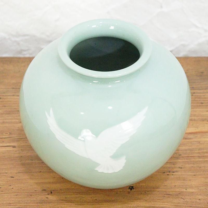 花瓶 青磁 花器 日本製 染付磁色 ふっくら 昭和初期