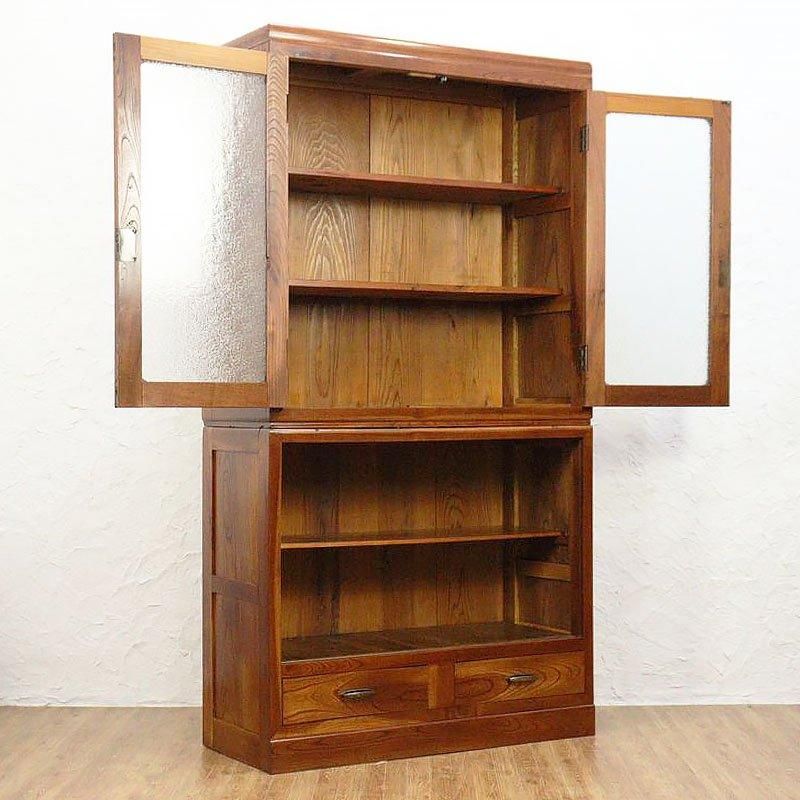 キャビネット ケヤキ材 ダイヤガラス 食器棚 昭和中期