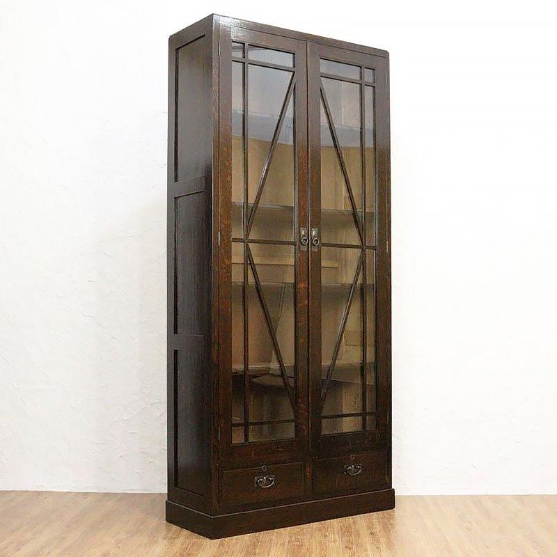 大正昭和期 希少な大型書棚 引出し付ナラ材収納