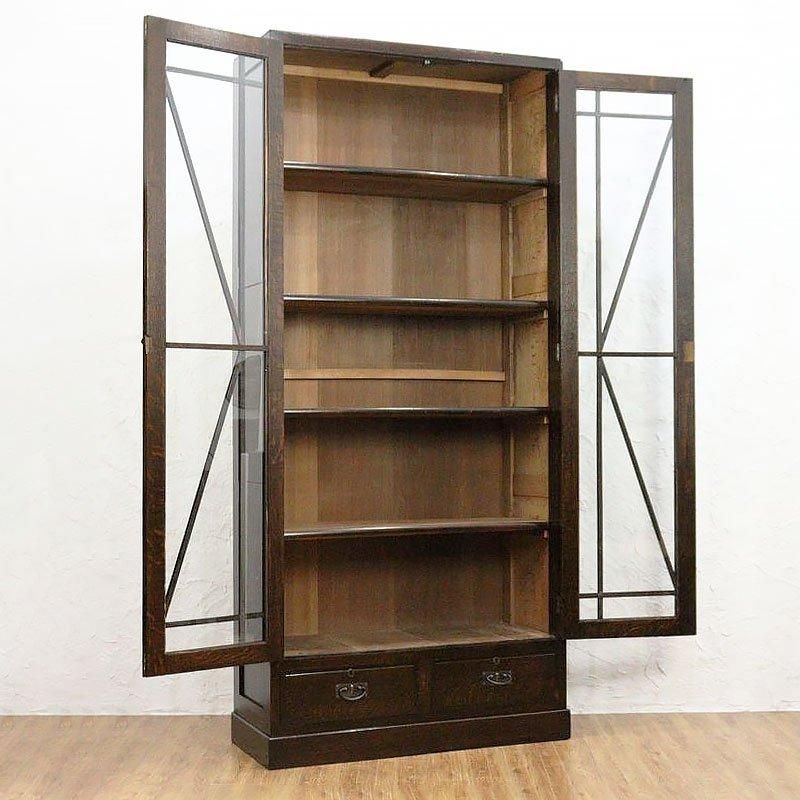 大正昭和期 希少な大型書棚 引出し付ナラ材収納